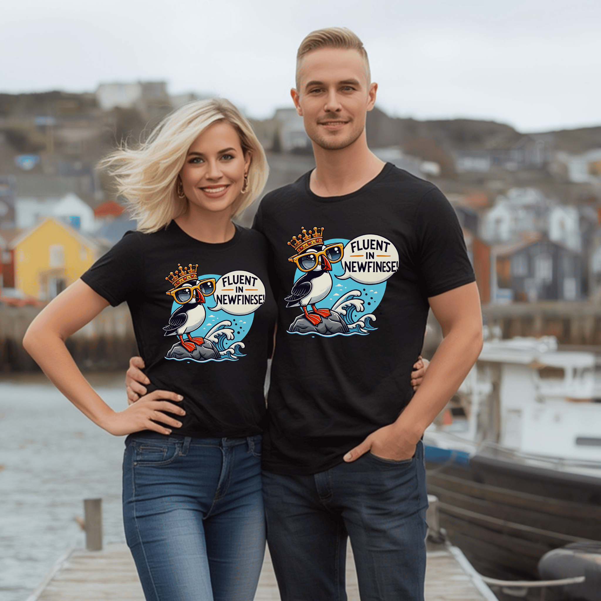 Two attractive people wearing matching black t-shirts with a cartoon puffin adorning a crown and the words "Fluent in Newfinese!"  on a dock.