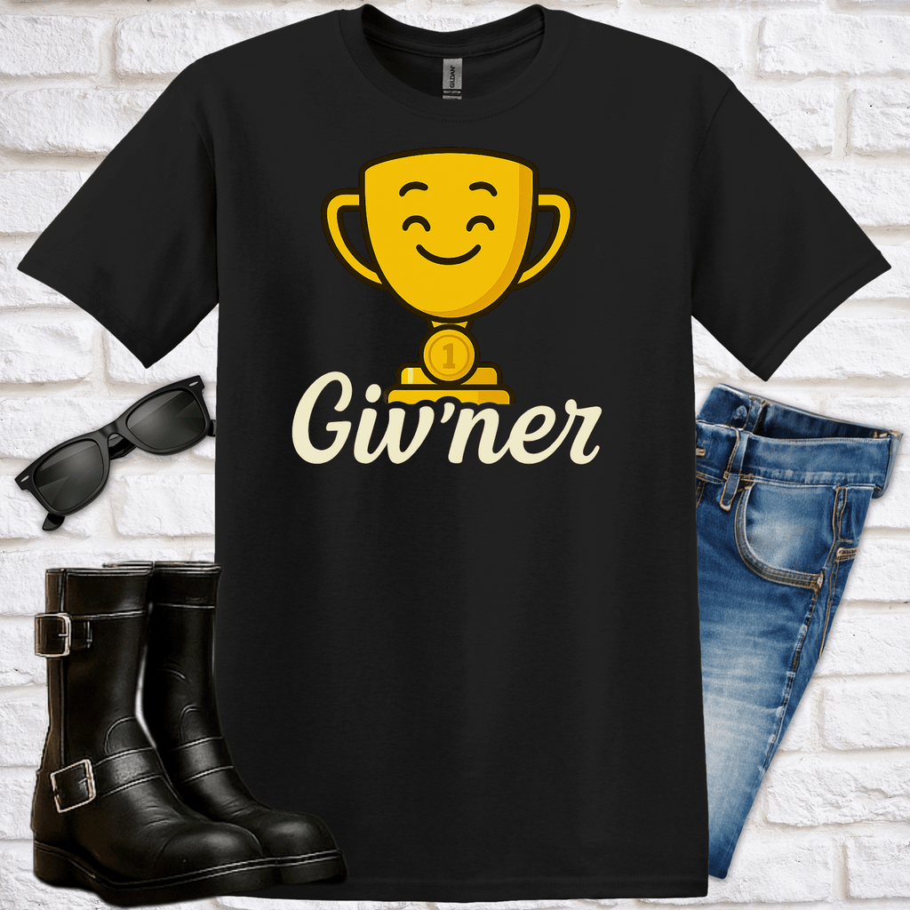 Black t-shirt with a yellow smiley face emoji trophy and 'Givner' text, sunglasses, boots, and jeans on a white brick background