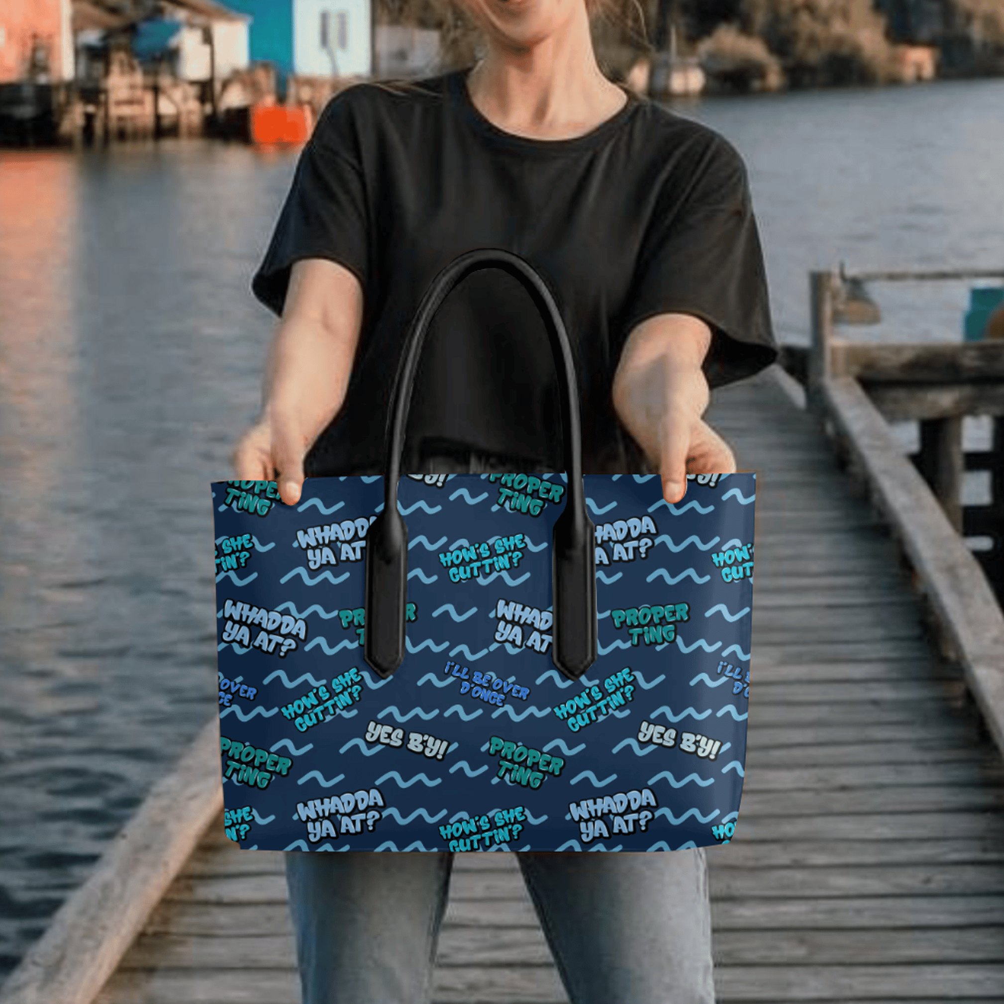 "Newfinese Greetings" on the Water Tote