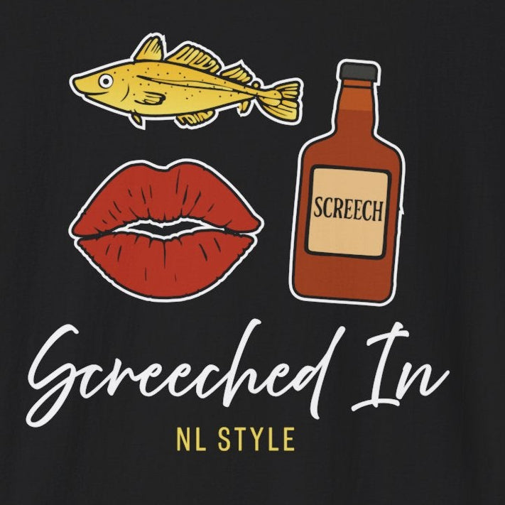 A black t-shirt with the words "screeched in-NL style and a cod, mouth and bottle of screech.