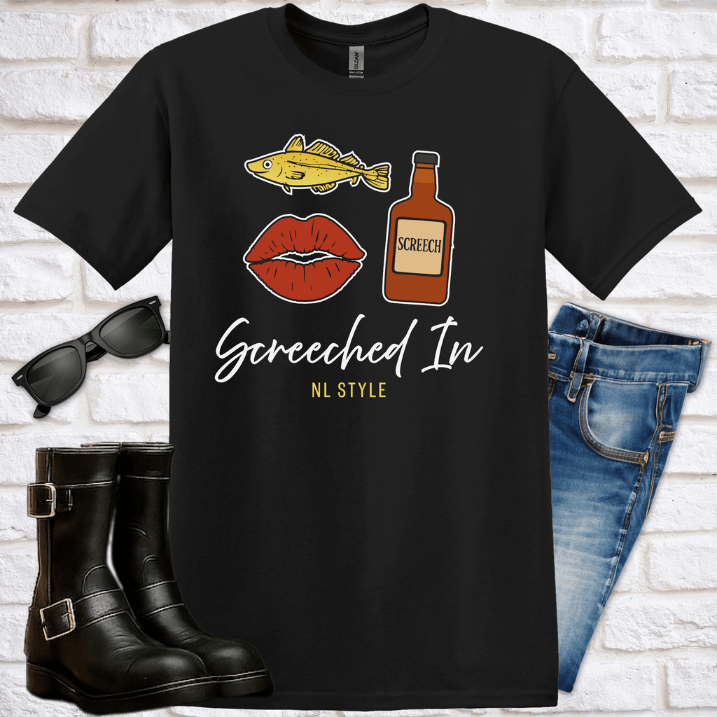 Black t-shirt with graphic design featuring a cod, lips, and a bottle of screech, and text that says "Screcched In--NL Style." on a white brick background.