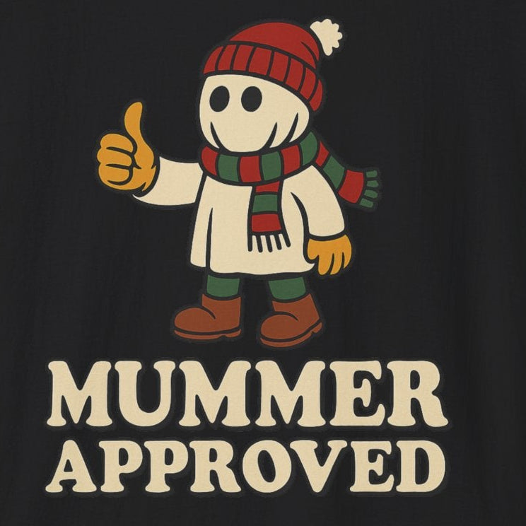 A black t-shirt with a mummer giving the thumbs up and the words "Mummer Approved."