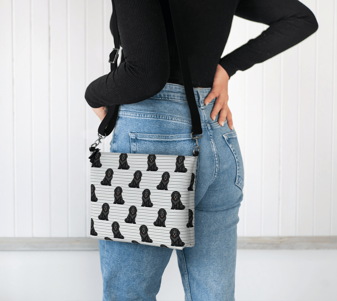 Newfoundland Dog Crossbody Bag – Black Newfie Pattern Purse, Vegan Leather Shoulder Bag - Newfinese Please