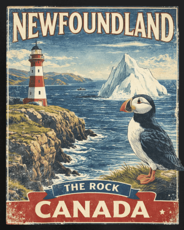 Newfoundland Canada Vintage Poster Tee - Newfoundland Collection - Newfineseplease.ca