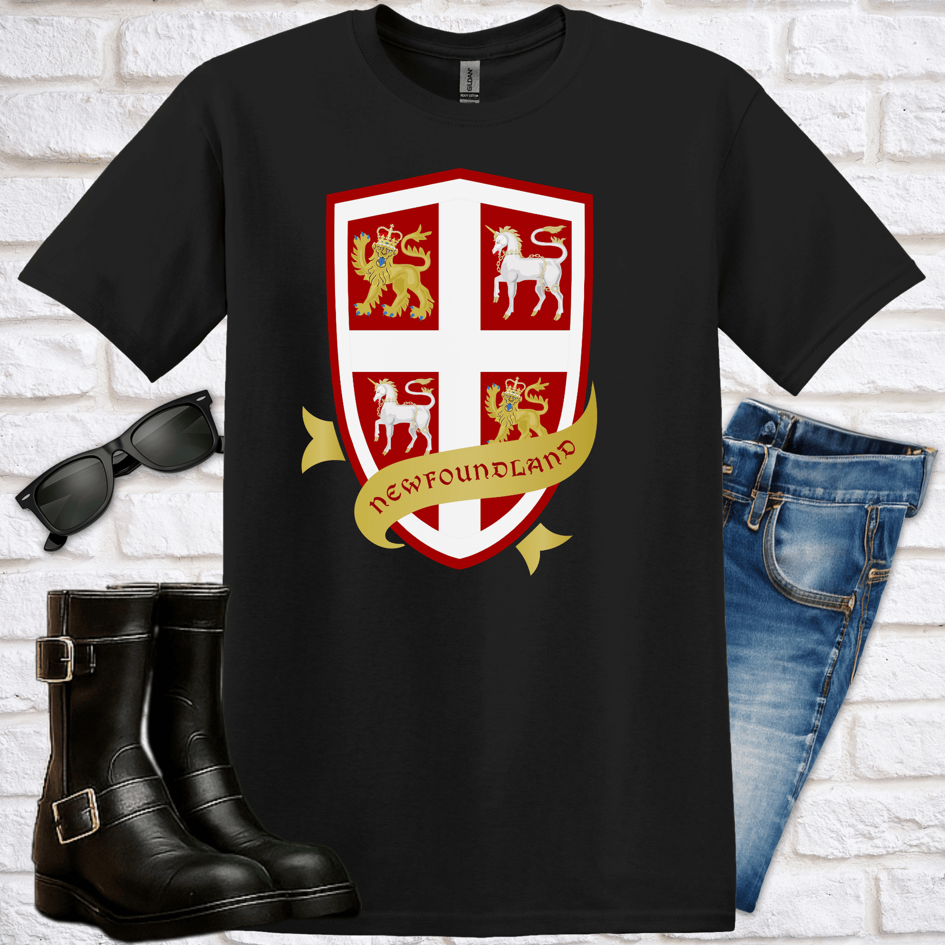 "Newfoundland Coat of Arms Reimagined" T-Shirt - Newfinese Please
