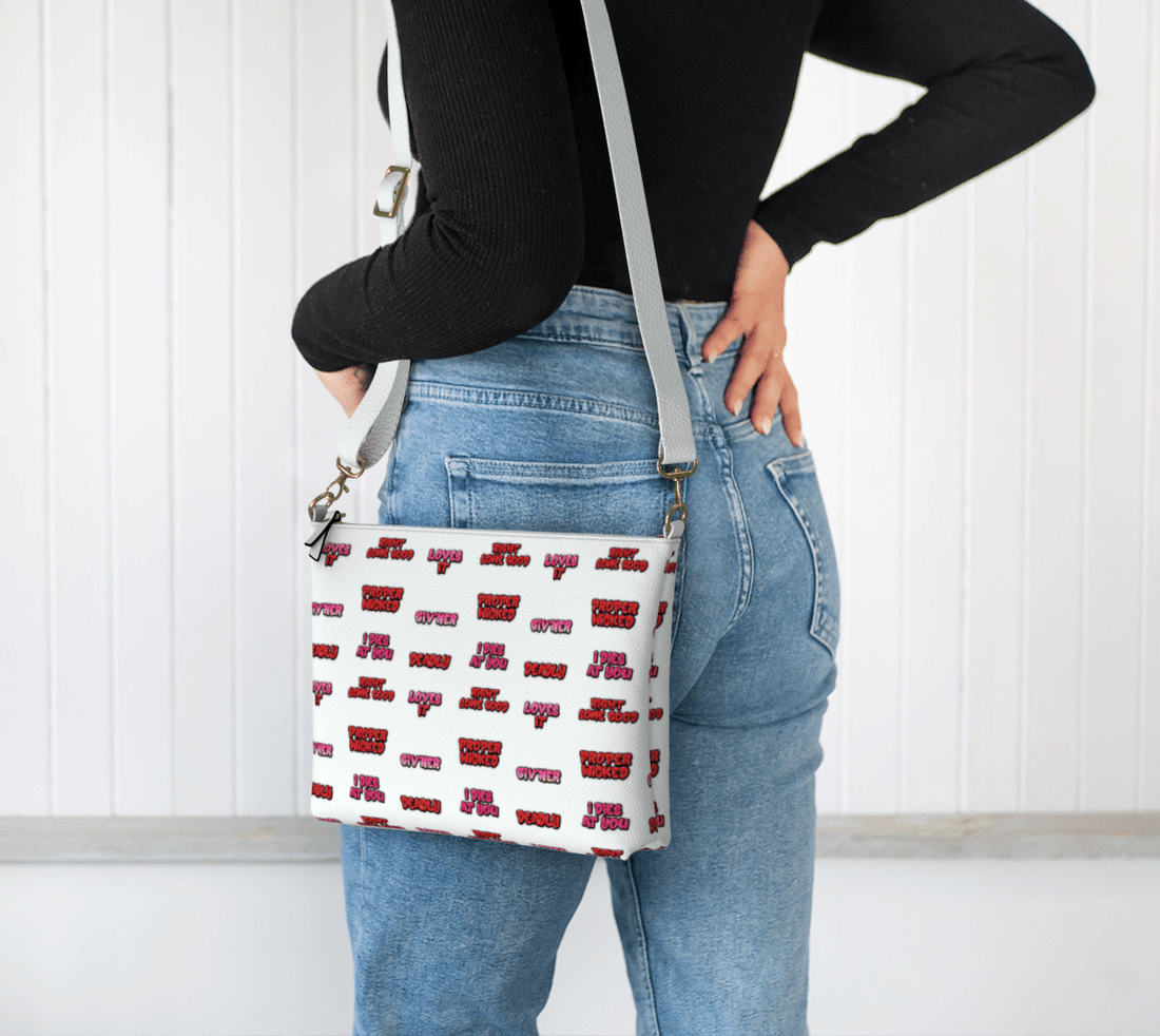 Newfoundland Sayings Crossbody Purse – Newfinese Graffiti “Deadly, Proper Wicked, Loves It” Bag - Newfinese Please