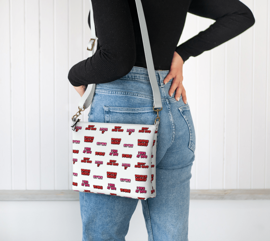 Newfoundland Sayings Crossbody Purse – Newfinese Graffiti “Deadly, Proper Wicked, Loves It” Bag - Newfinese Please