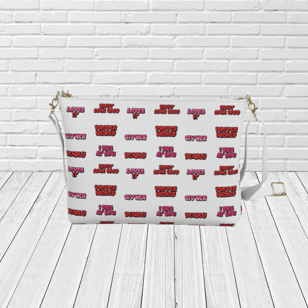Newfoundland Sayings Crossbody Purse – Newfinese Graffiti “Deadly, Proper Wicked, Loves It” Bag - Newfinese Please
