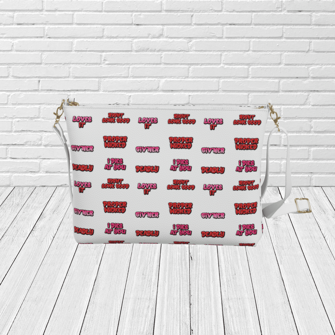 Newfoundland Sayings Crossbody Purse – Newfinese Graffiti “Deadly, Proper Wicked, Loves It” Bag - Newfinese Please