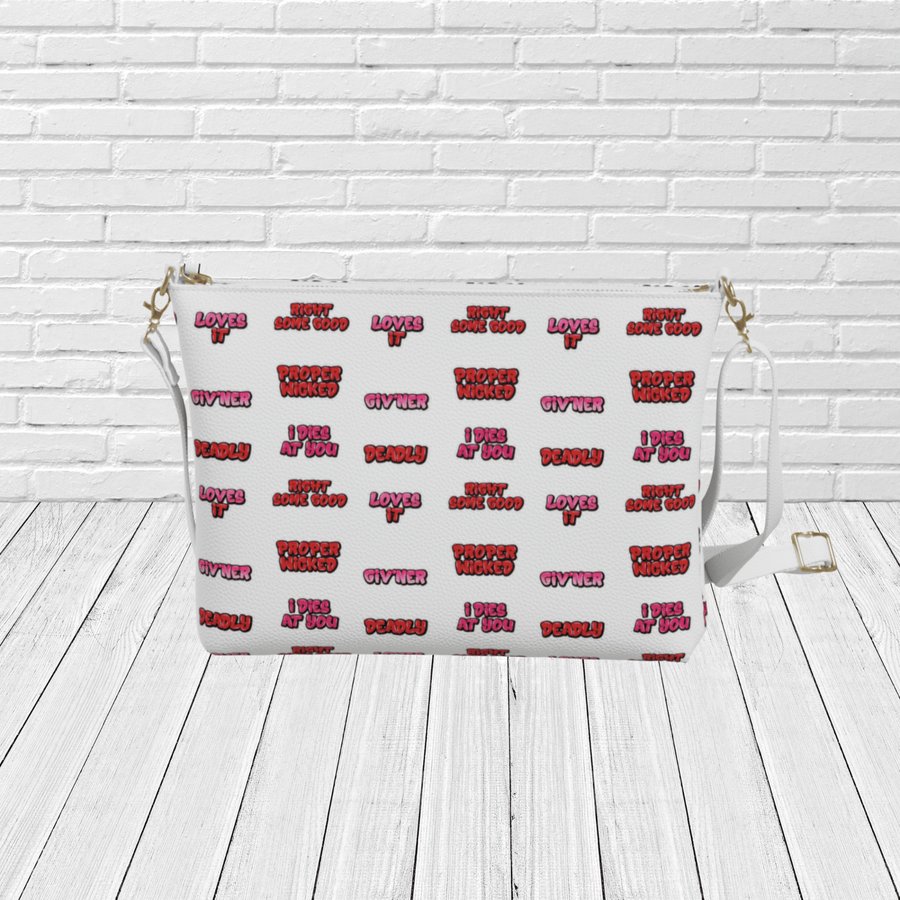 Newfoundland Sayings Crossbody Purse – Newfinese Graffiti “Deadly, Proper Wicked, Loves It” Bag - Newfinese Please
