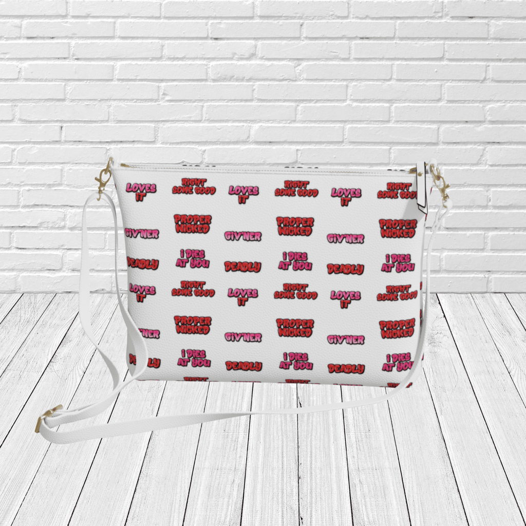 Newfoundland Sayings Crossbody Purse – Newfinese Graffiti “Deadly, Proper Wicked, Loves It” Bag - Newfinese Please