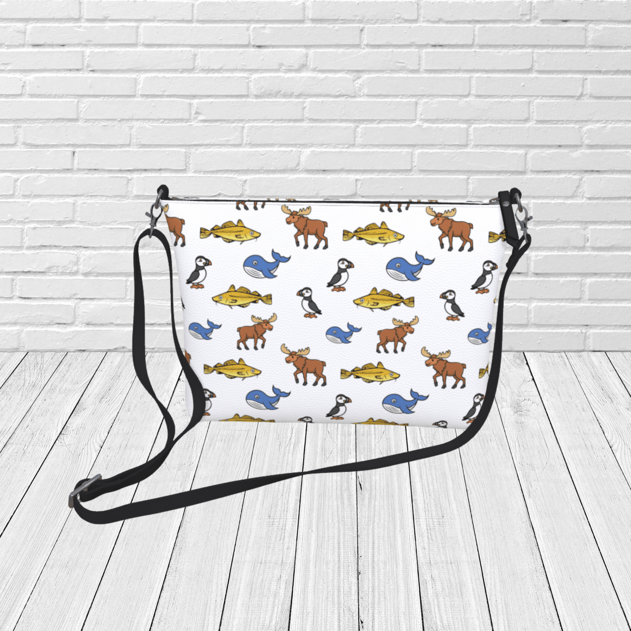 Newfoundland Wildlife Pattern Crossbody – Puffin, Moose & Whale Travel Purse - Newfinese Please