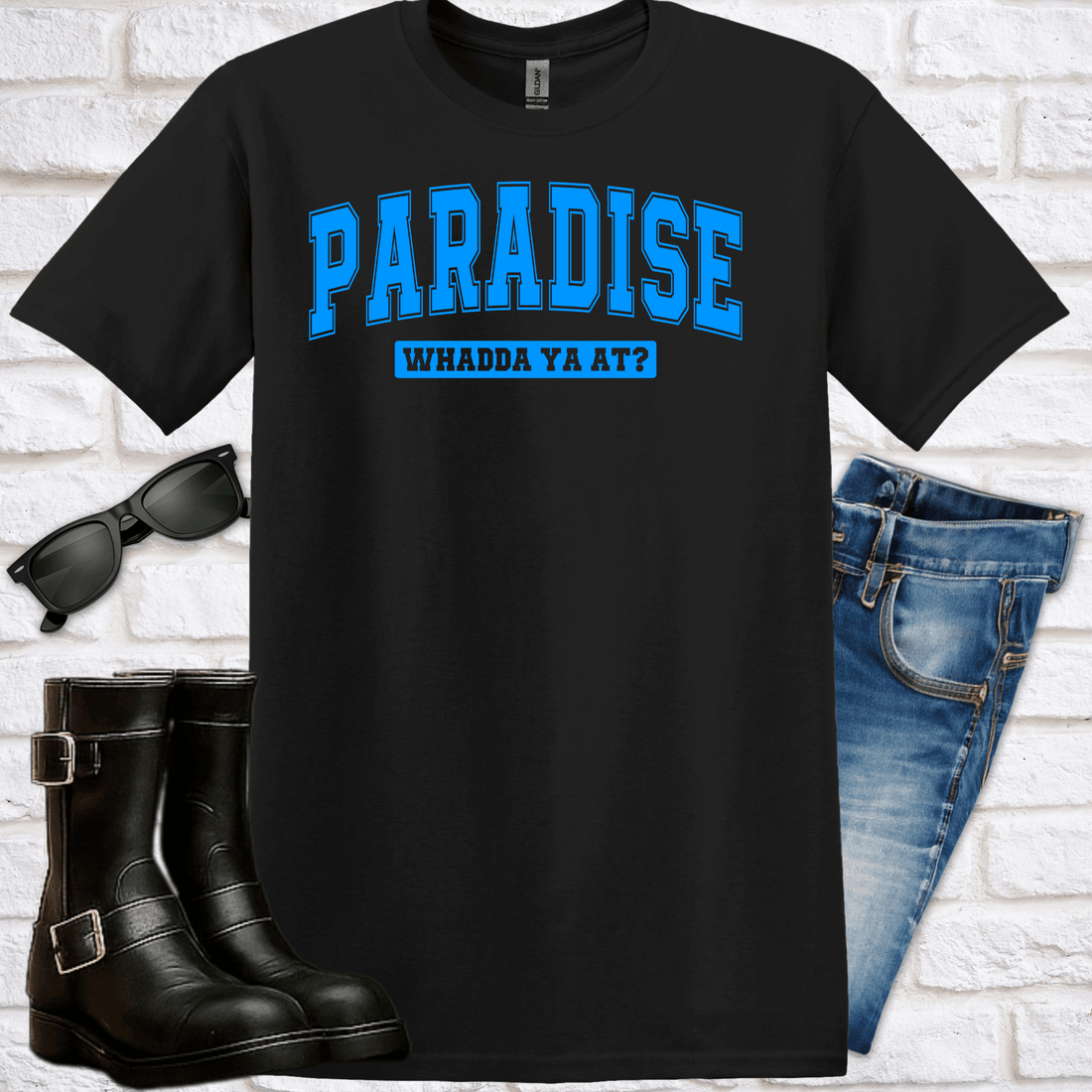 Paradise 'Whadda Ya At?' T-Shirt — Vintage Collegiate Graphic Tee - Newfinese Please
