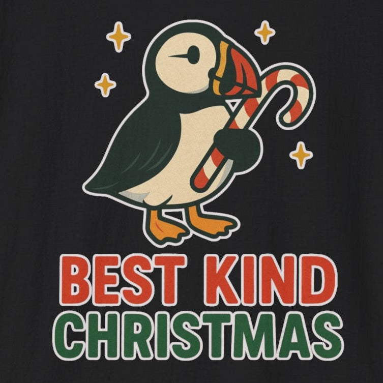 Puffin holding a candy cane, and the words "Best Kind Christmas."