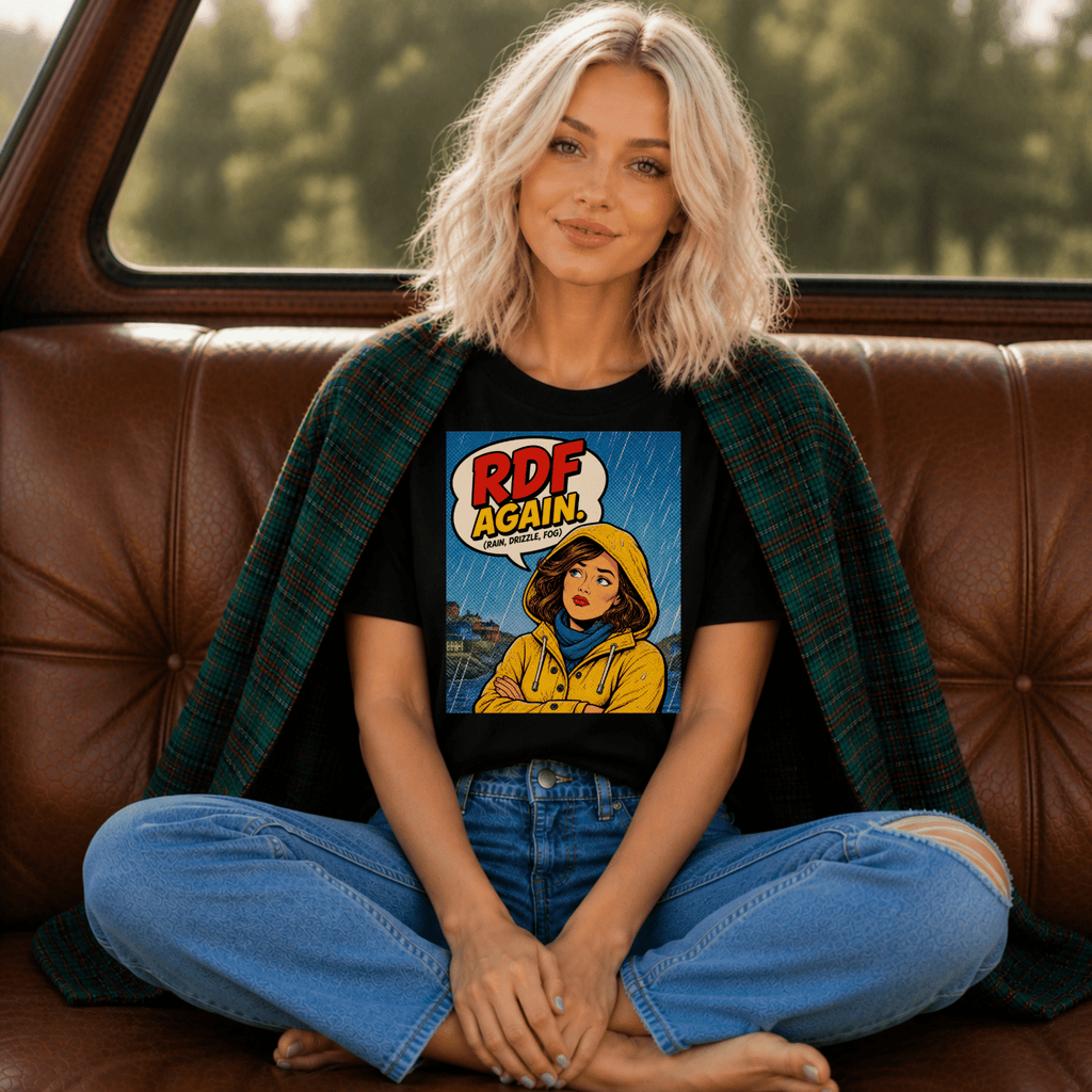 Retro Comic Raincoat T-Shirt — “RDF Again” Pop Art Tee - Newfineseplease.ca