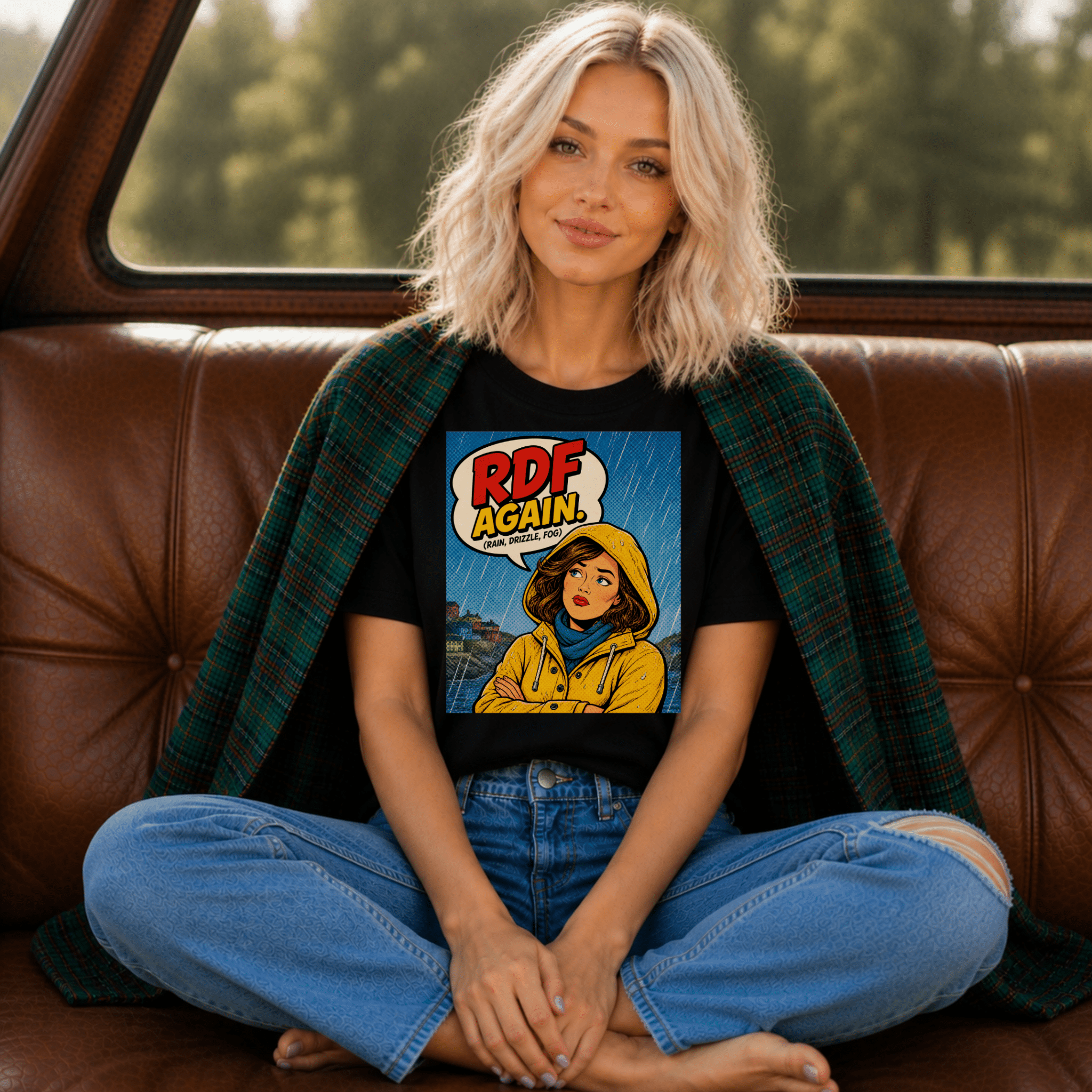 Retro Comic Raincoat T-Shirt — “RDF Again” Pop Art Tee - Newfineseplease.ca