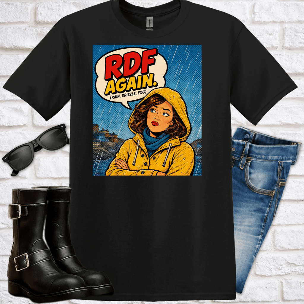 Retro Comic Raincoat T-Shirt — “RDF Again” Pop Art Tee - Newfineseplease.ca