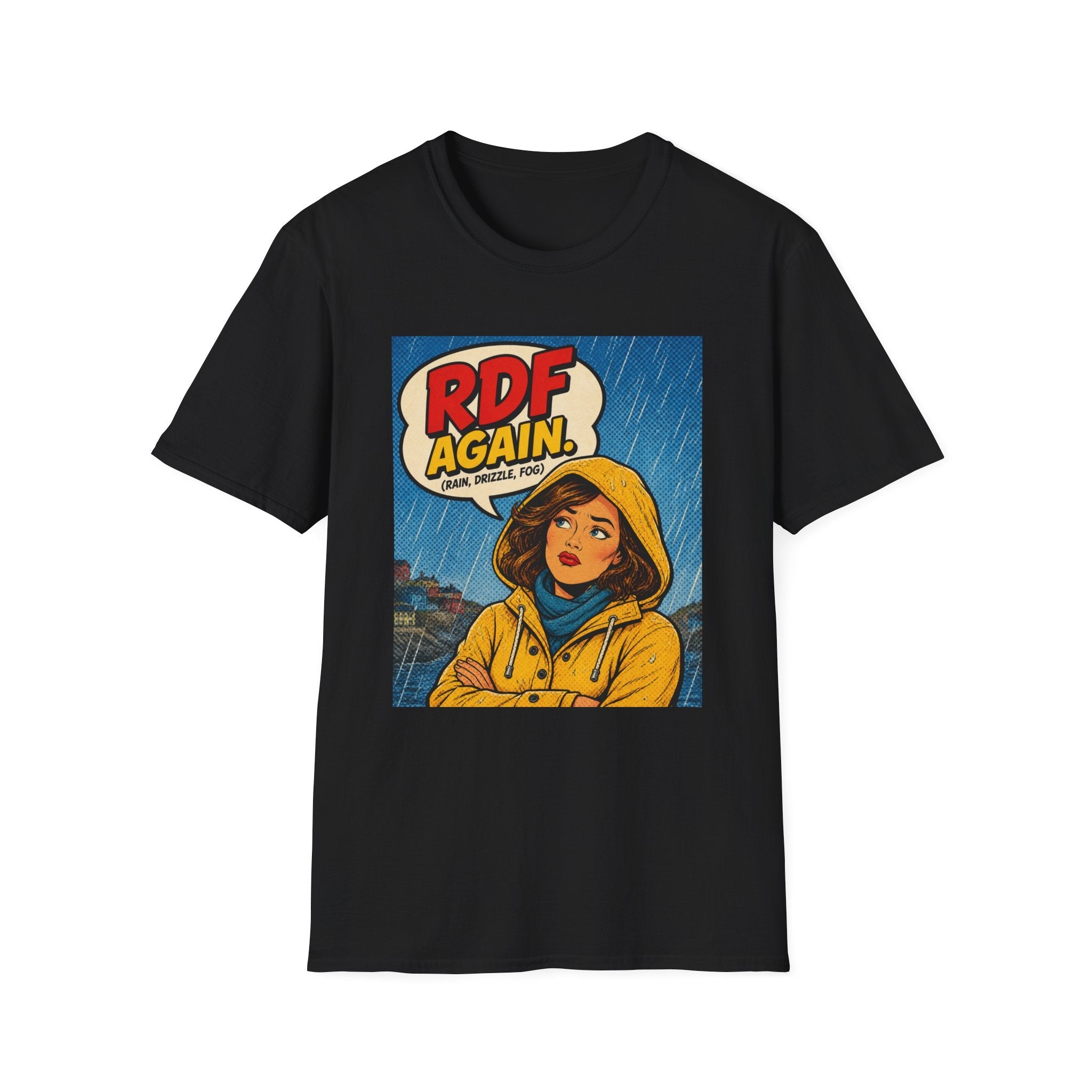 Retro Comic Raincoat T-Shirt — “RDF Again” Pop Art Tee - Newfinese Please