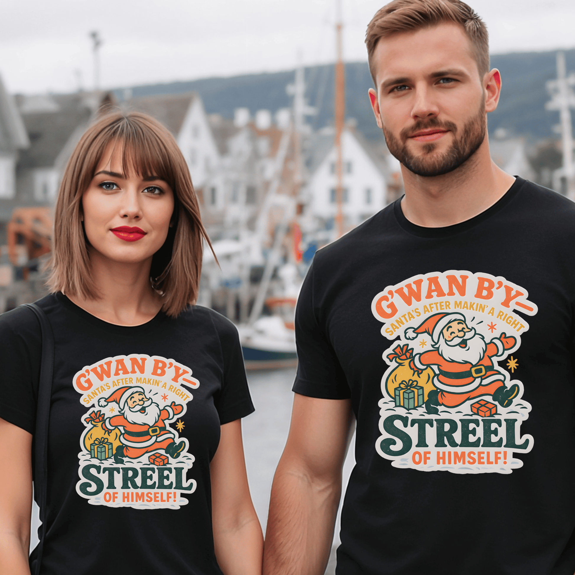 Santa Graphic T-Shirt — “G’wan By’ Streel of Himself!” Retro Holiday Tee - Newfinese Please
