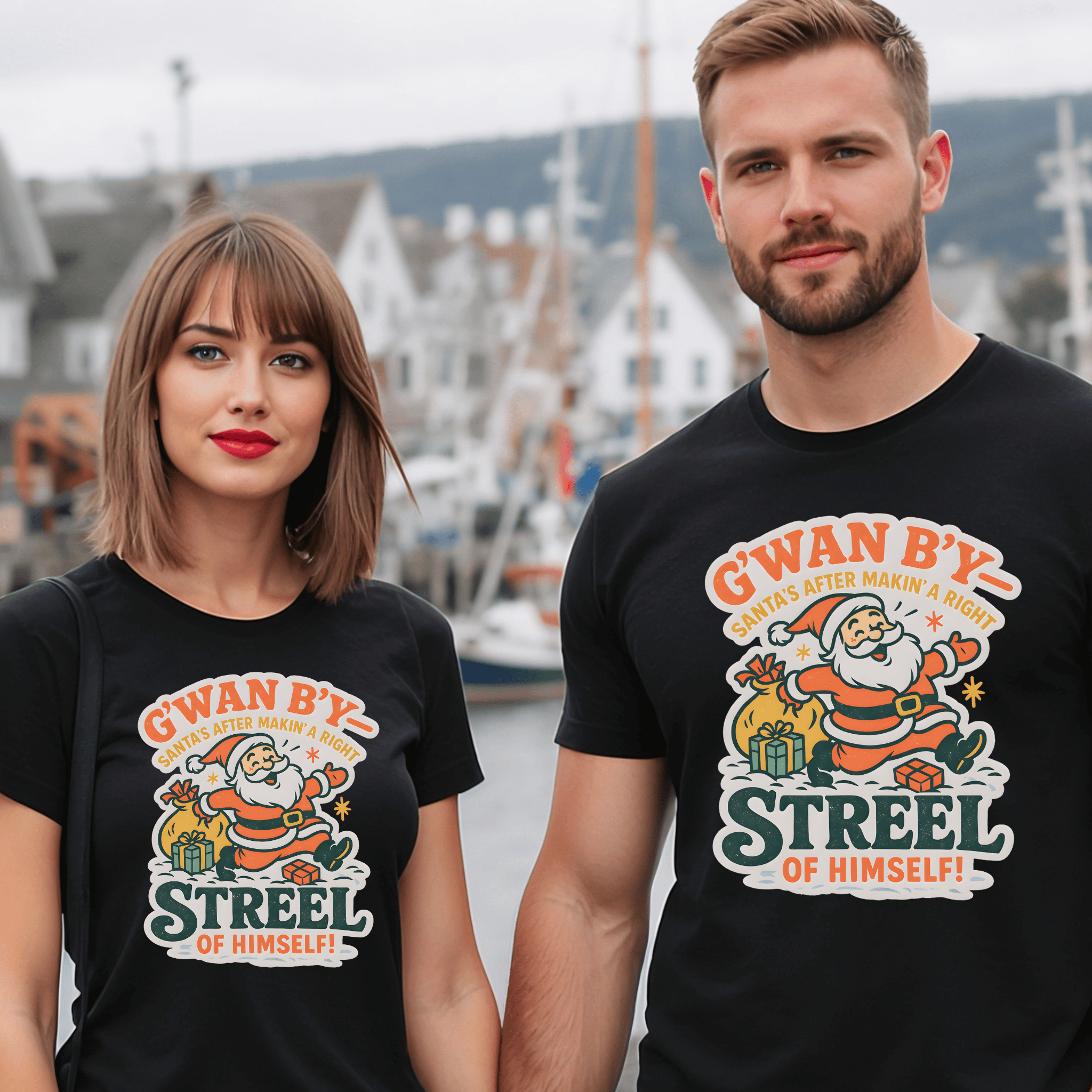 Santa Graphic T-Shirt — “G’wan By’ Streel of Himself!” Retro Holiday Tee - Newfinese Please