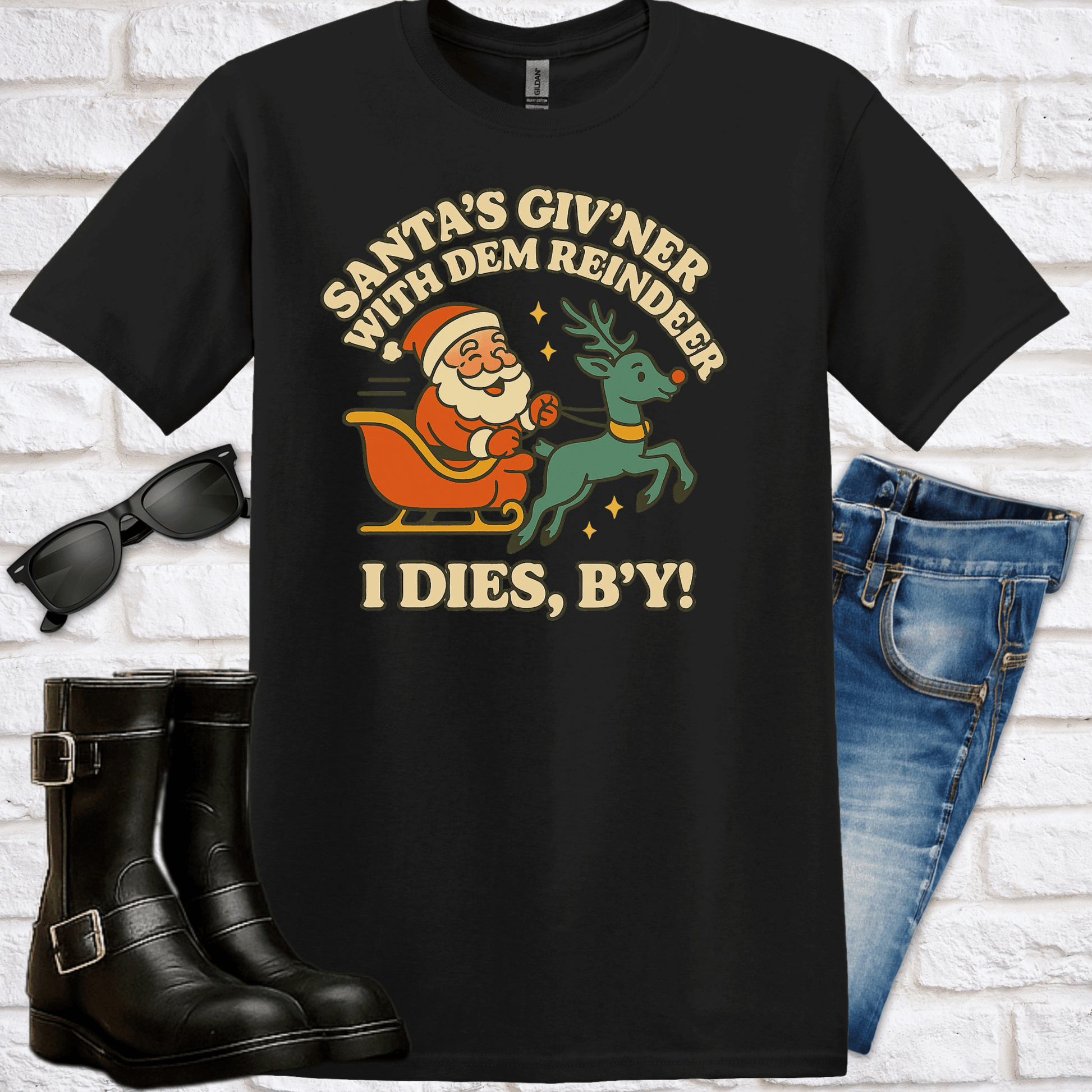 "Santa’s Giv’n’er with Dem Reindeer – I Dies, B’y!" T-Shirt - Newfinese Please