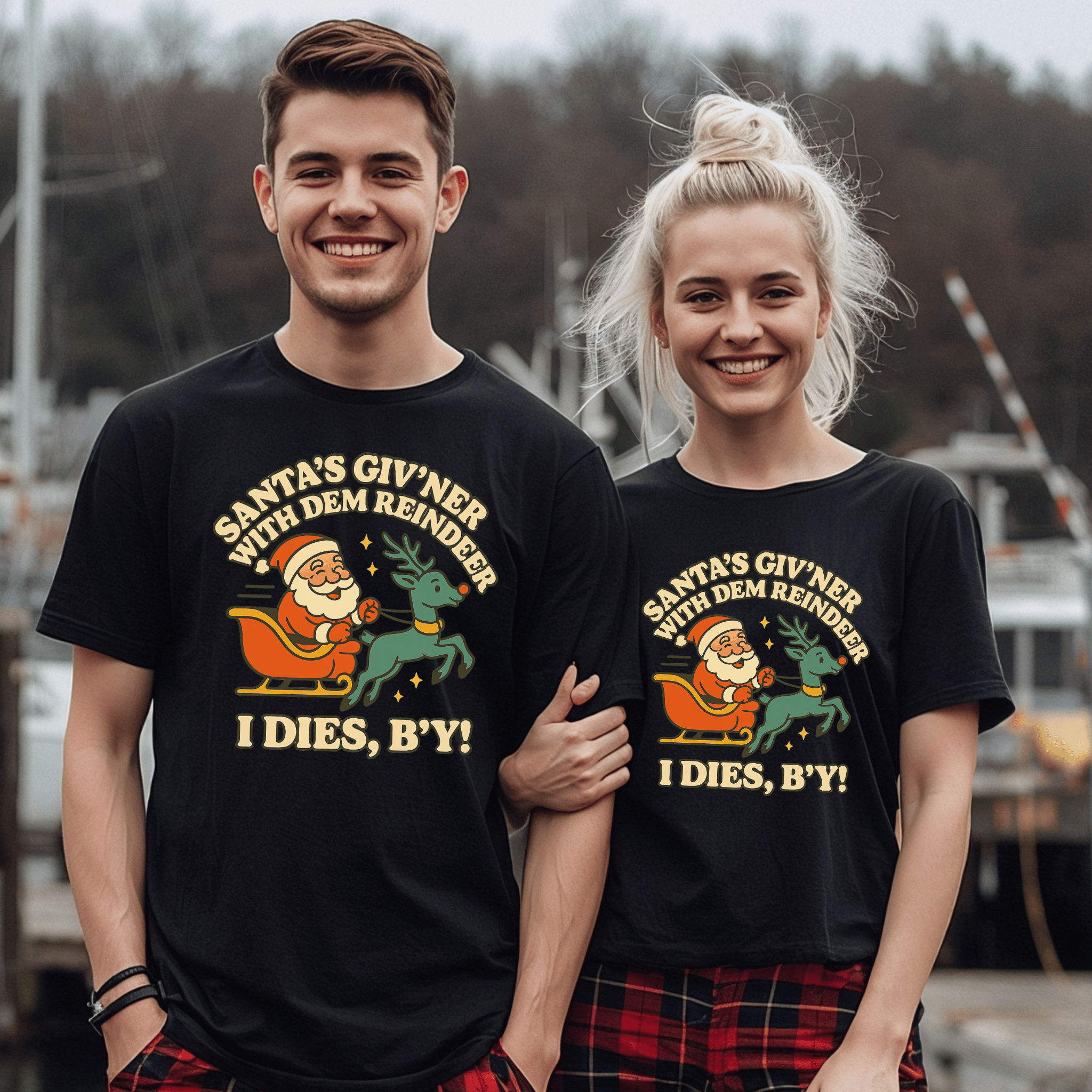 "Santa’s Giv’n’er with Dem Reindeer – I Dies, B’y!" T-Shirt - Newfinese Please