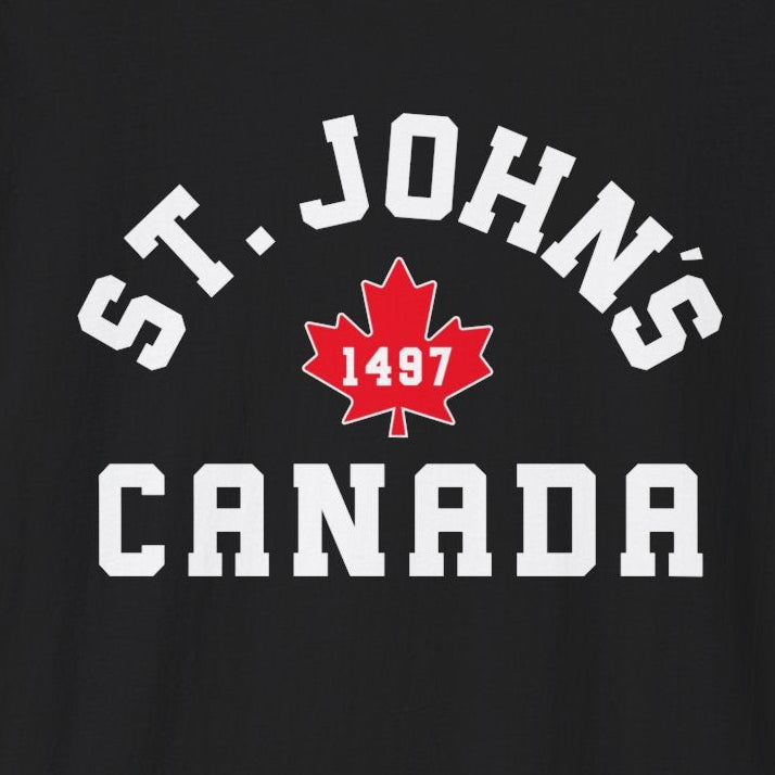 Black t-shirt with the text St. John's, Canada, 1497 in a classic layout.
