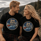 Stay Where You’re To Nautical T-Shir - Maritime Puffin Boat, Newfoundland Classic Collection - Newfineseplease.ca