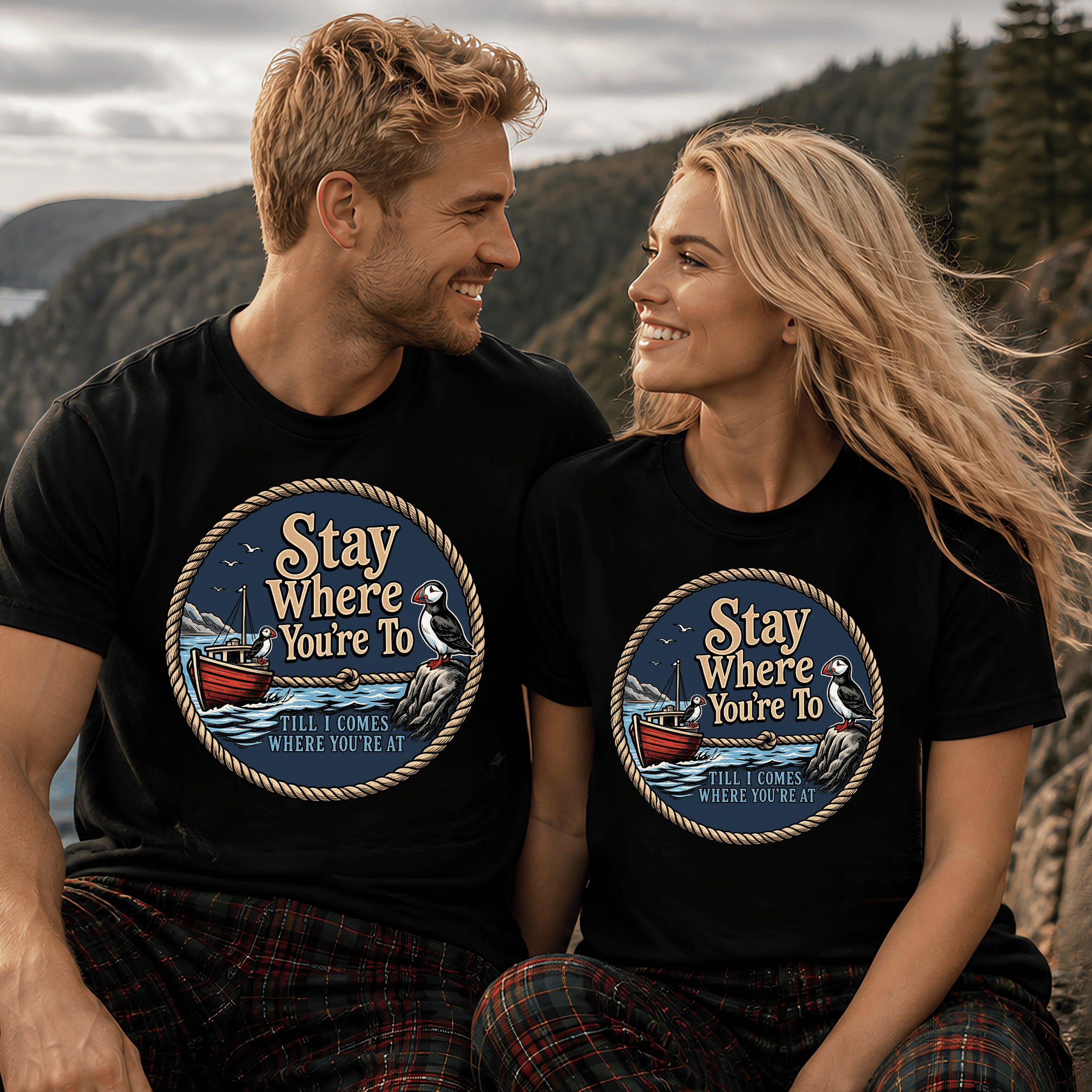 Stay Where You’re To Nautical T-Shir - Maritime Puffin Boat, Newfoundland Classic Collection - Newfineseplease.ca