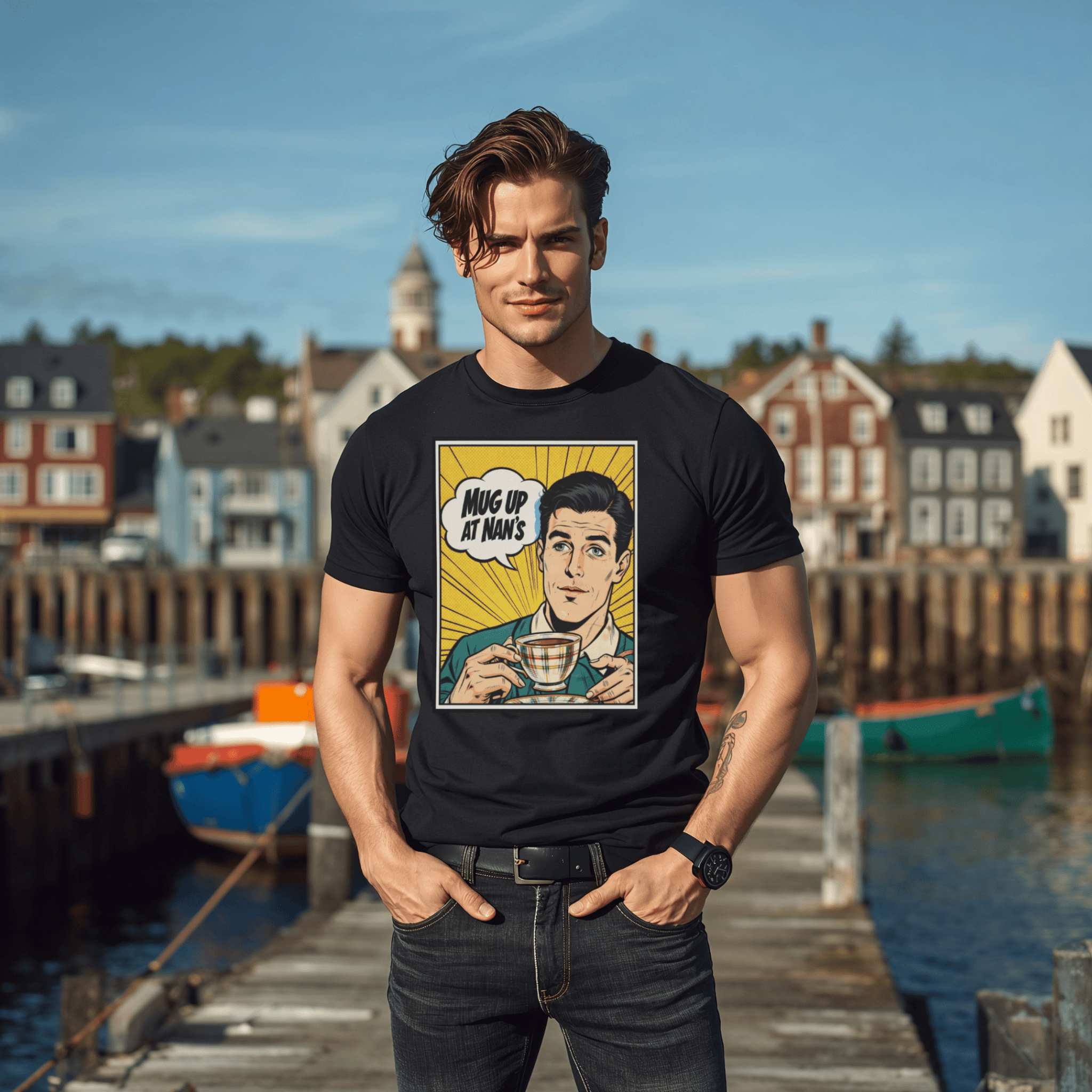 Vintage Pop Art “Mug Up at Nan’s” Tee – Retro Coffee Lover T-Shirt - Newfinese Please