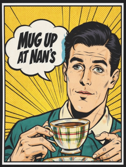 Vintage Pop Art “Mug Up at Nan’s” Tee – Retro Coffee Lover T-Shirt - Newfinese Please