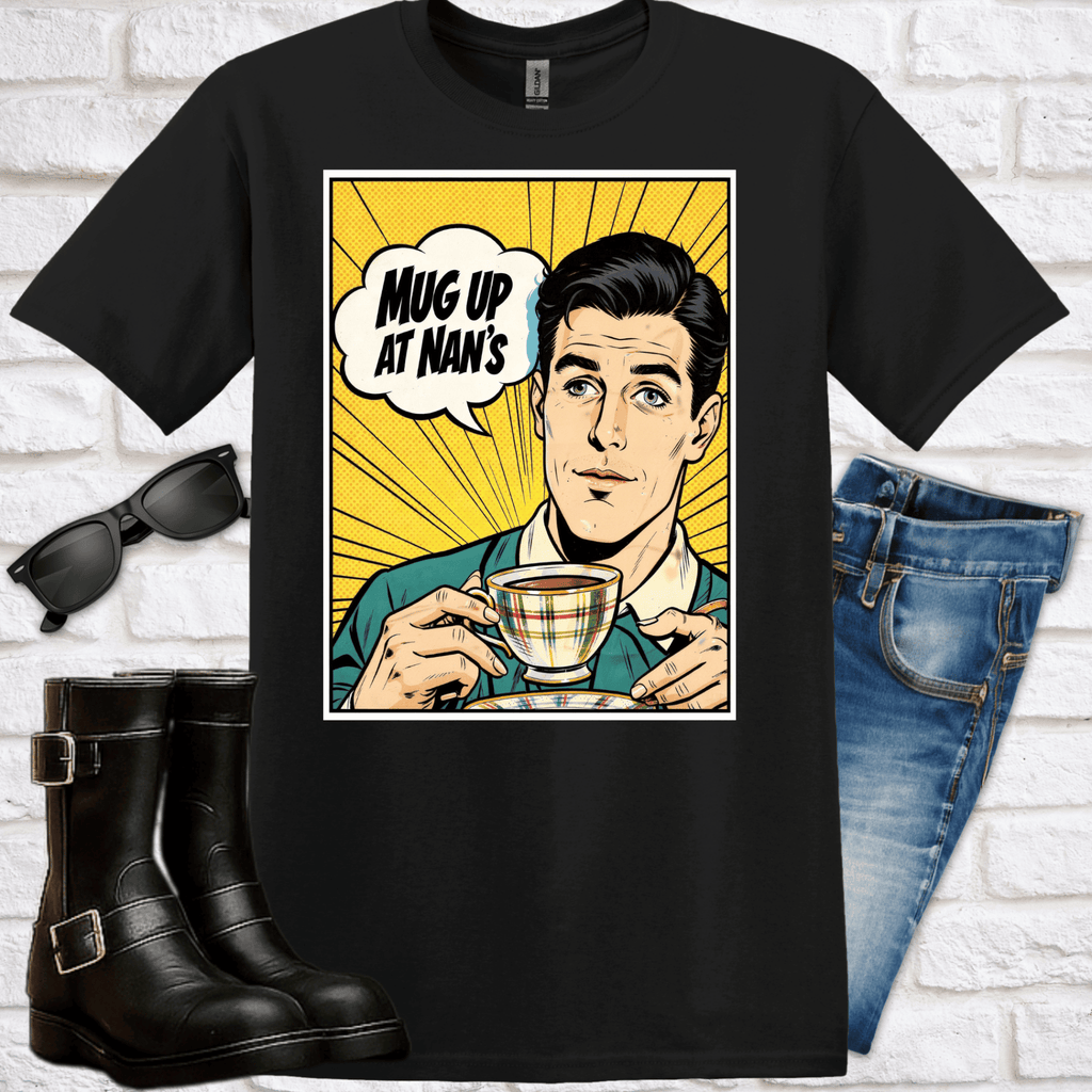 Vintage Pop Art “Mug Up at Nan’s” Tee – Retro Coffee Lover T-Shirt - Newfinese Please