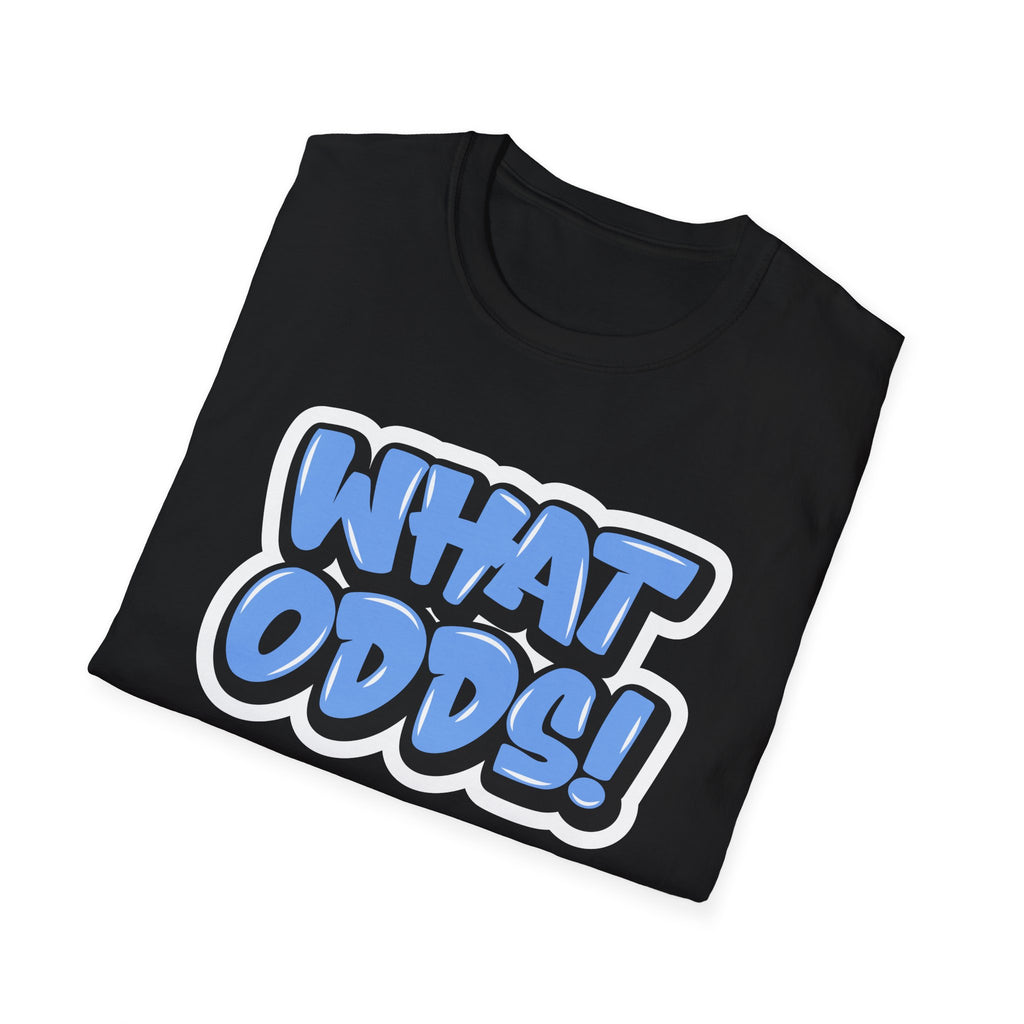 Black t-shirt with periwinkle blue graffiti text "What Odds!" --- Newfoundland slang for "who cares" or "no difference," full of relaxed island charm.