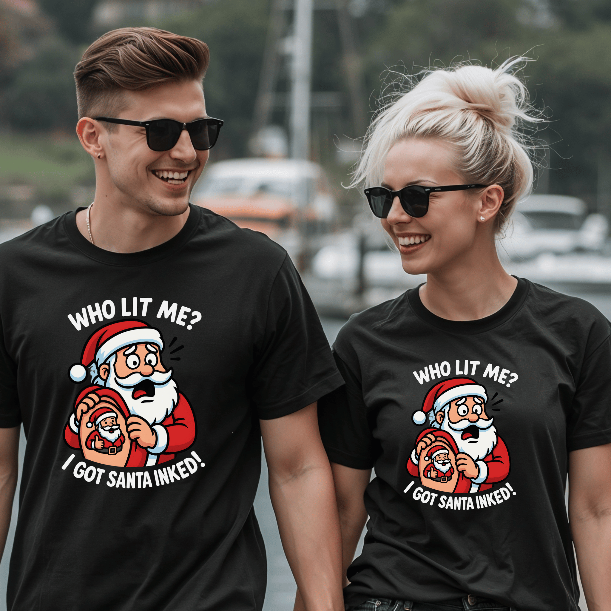 "Who Lit Me? I Got Santa Inked!" Funny Christmas T-Shirt - Newfinese Please
