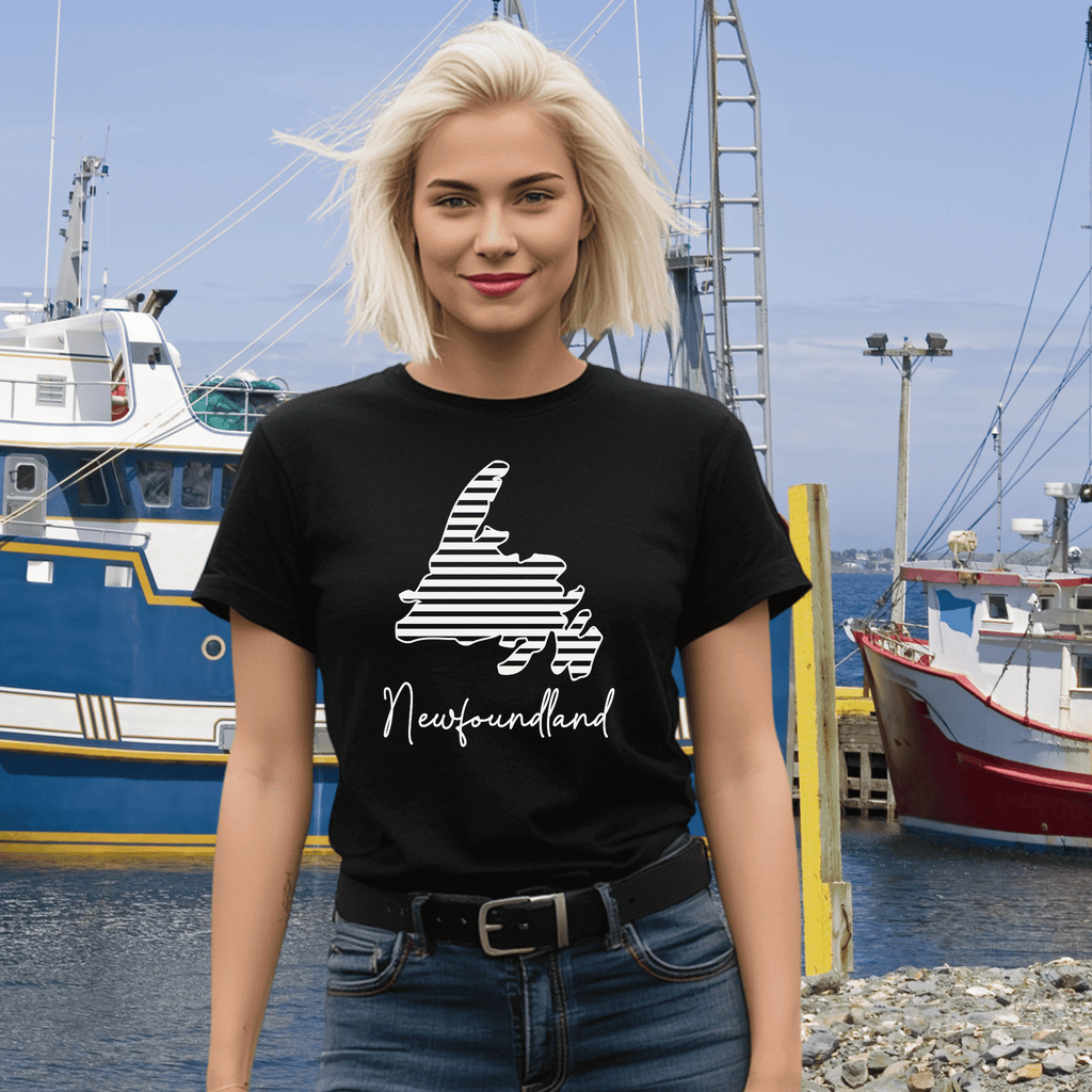 Beautiful woman wearing a Black T-Shirt with striped Newfoundland map and the word "Newfoundland" in script.