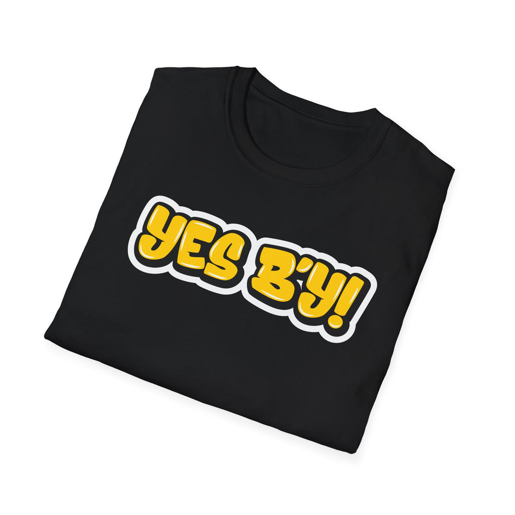 Black t-shirt with yellow graffiti text reading "Yes B'y," popular Newfoundland phrase meaning universal agreement or excitement.